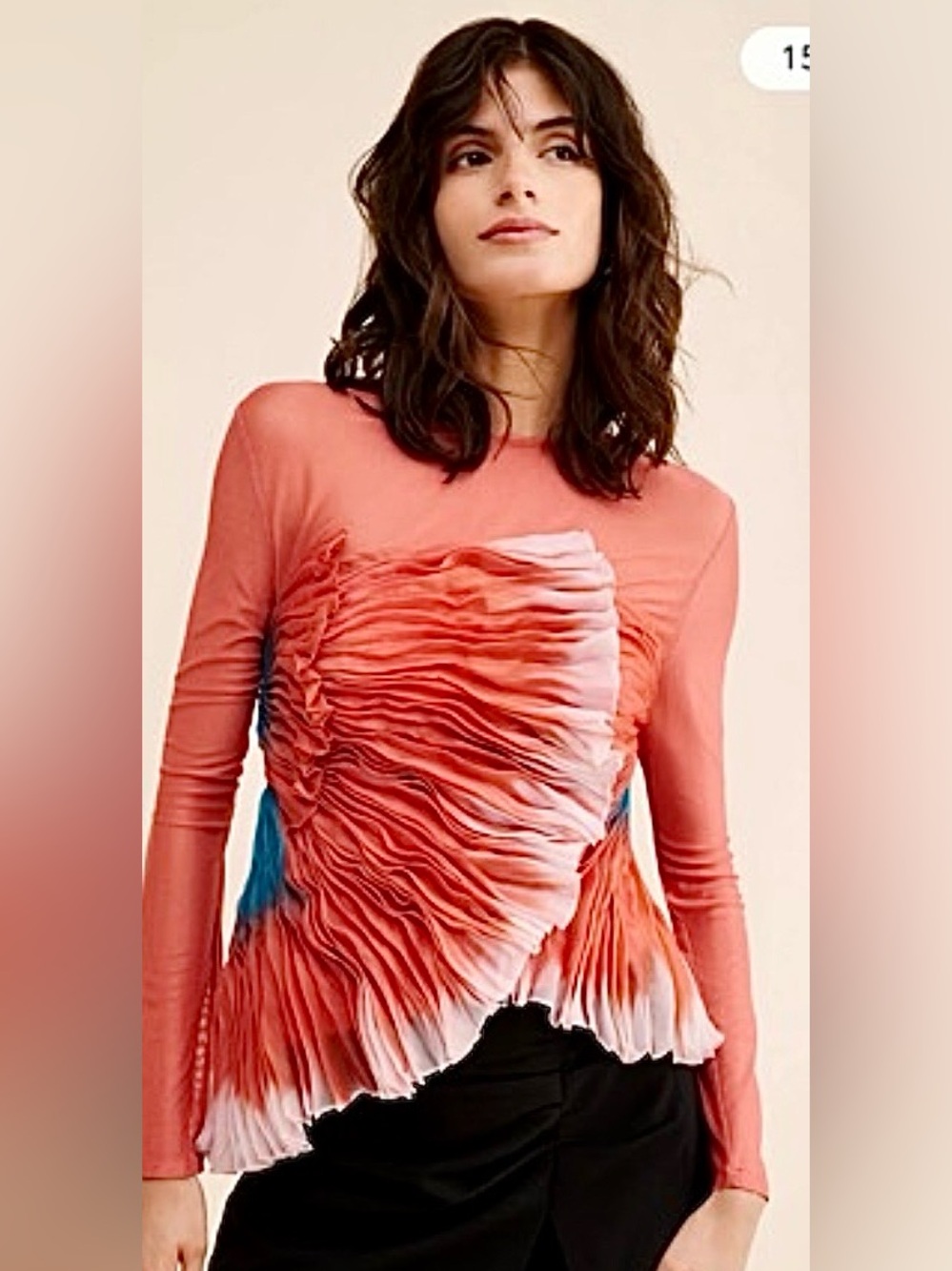 Geisha Designs Pleated Coral Long-Sleeve Ruffle Top with Blue Accents Size M
